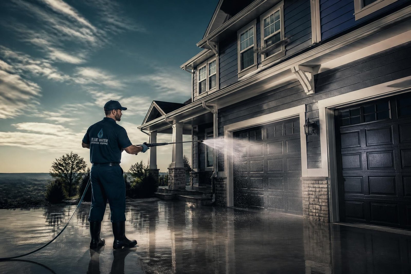 Technician pressure washing a suburban home exterior